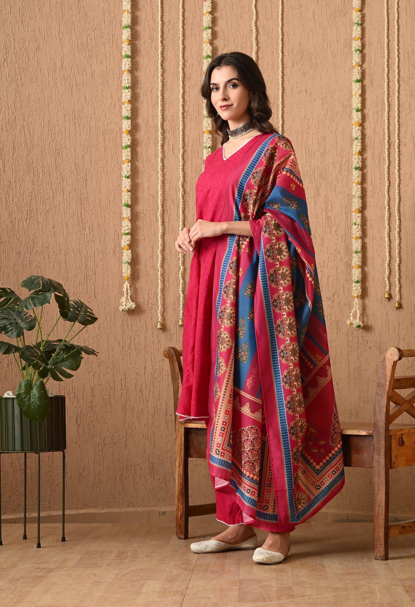 Gulzarika - Pink Floral Printed Anarkali Kurta Pant Set with Digital Print Dupatta