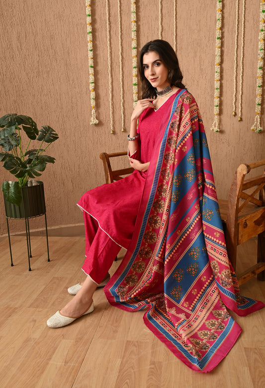 Gulzarika - Pink Floral Printed Anarkali Kurta Pant Set with Digital Print Dupatta
