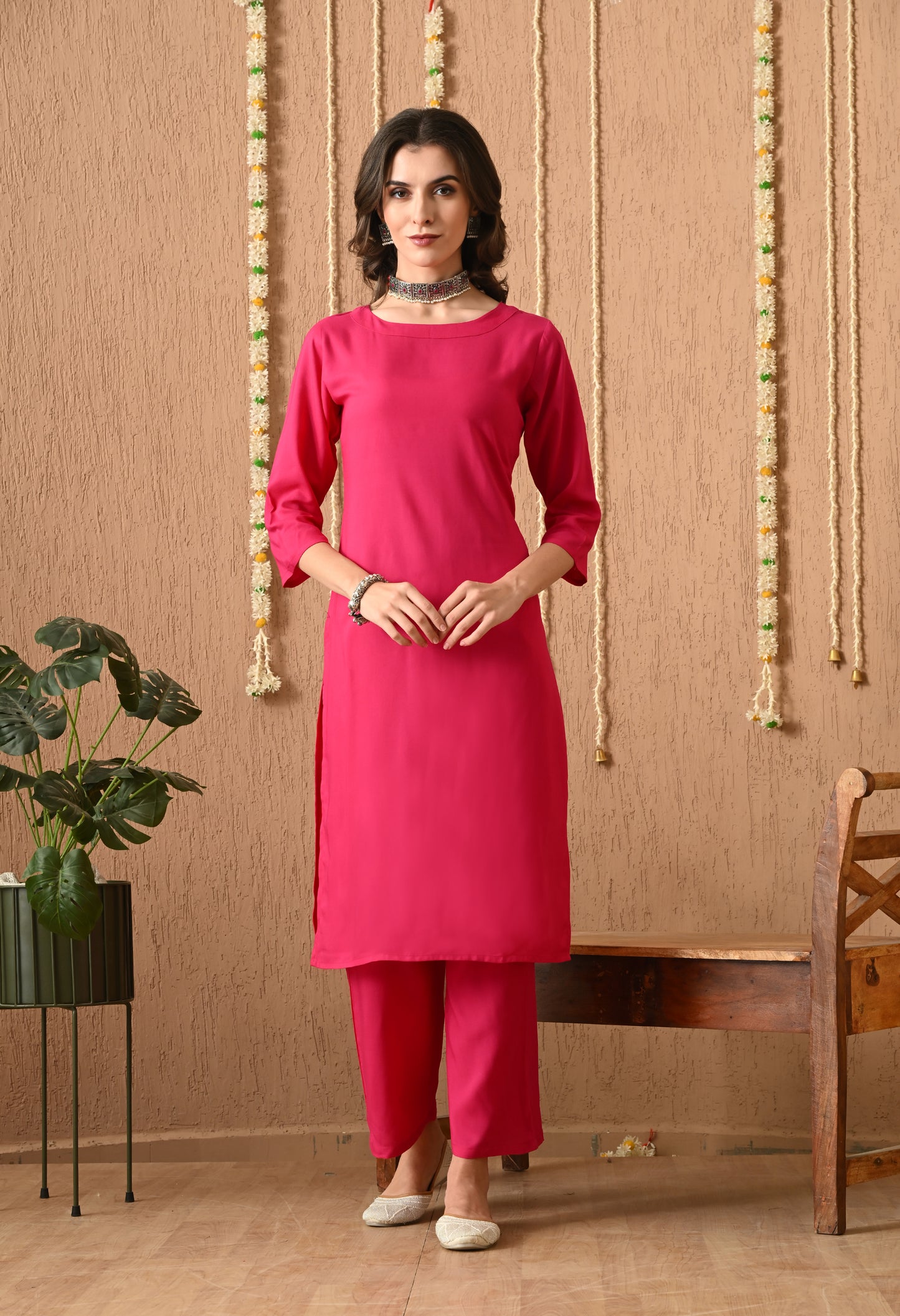 Trisha – Solid Pink Kurta Pant Set with Round Neckline & Straight Kurta