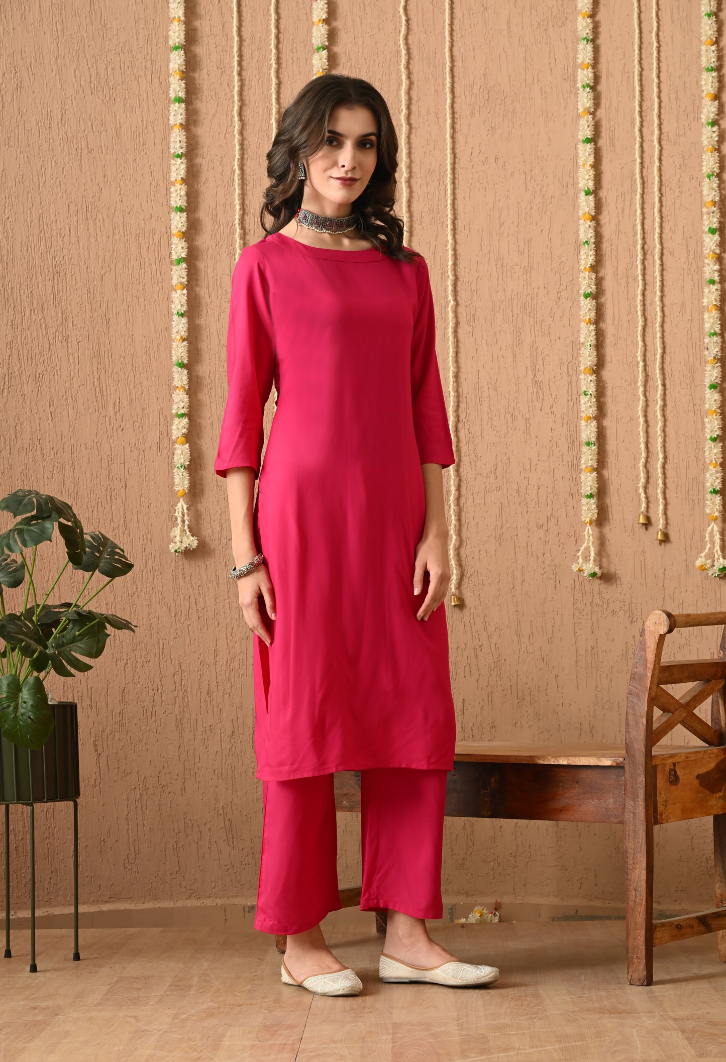 Trisha – Solid Pink Kurta Pant Set with Round Neckline & Straight Kurta