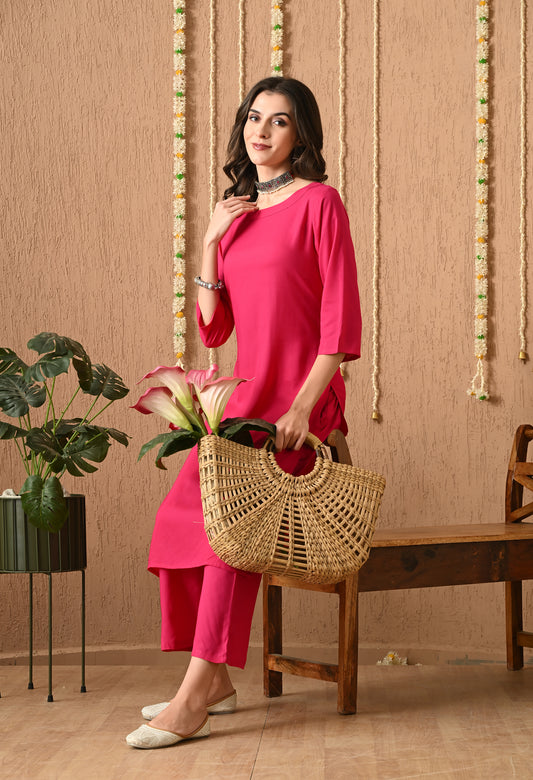 Trisha – Solid Pink Kurta Pant Set with Round Neckline & Straight Kurta