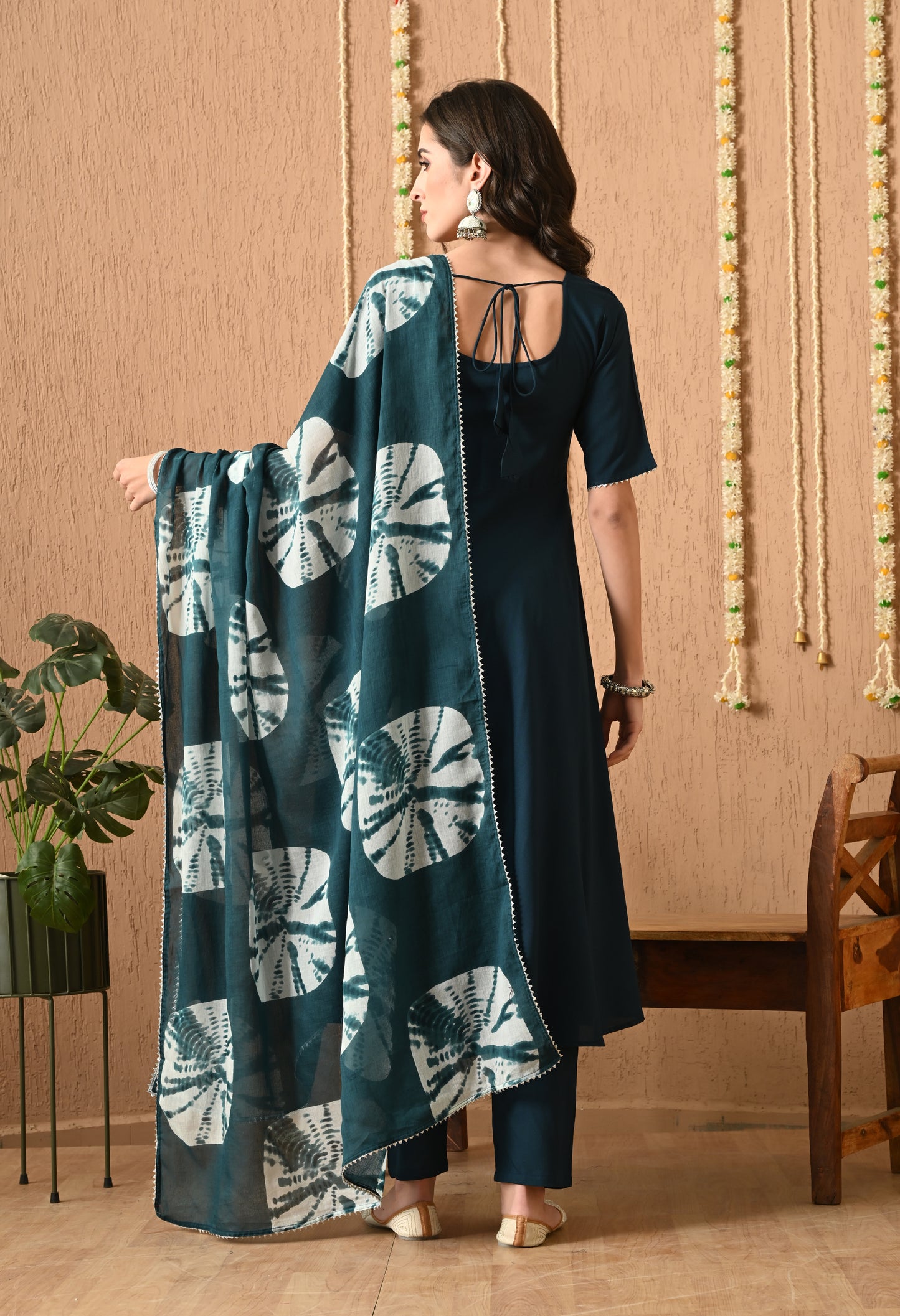 Avnika – Solid Teal Blue Anarkali Kurta Pant Set with Ombre Tie-Dye Dupatta & Lacework