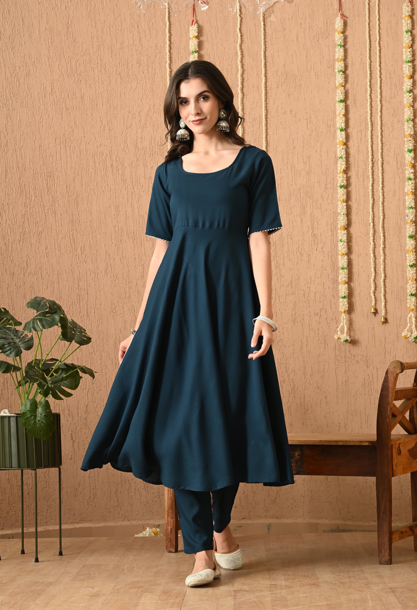 Avnika – Solid Teal Blue Anarkali Kurta Pant Set with Ombre Tie-Dye Dupatta & Lacework