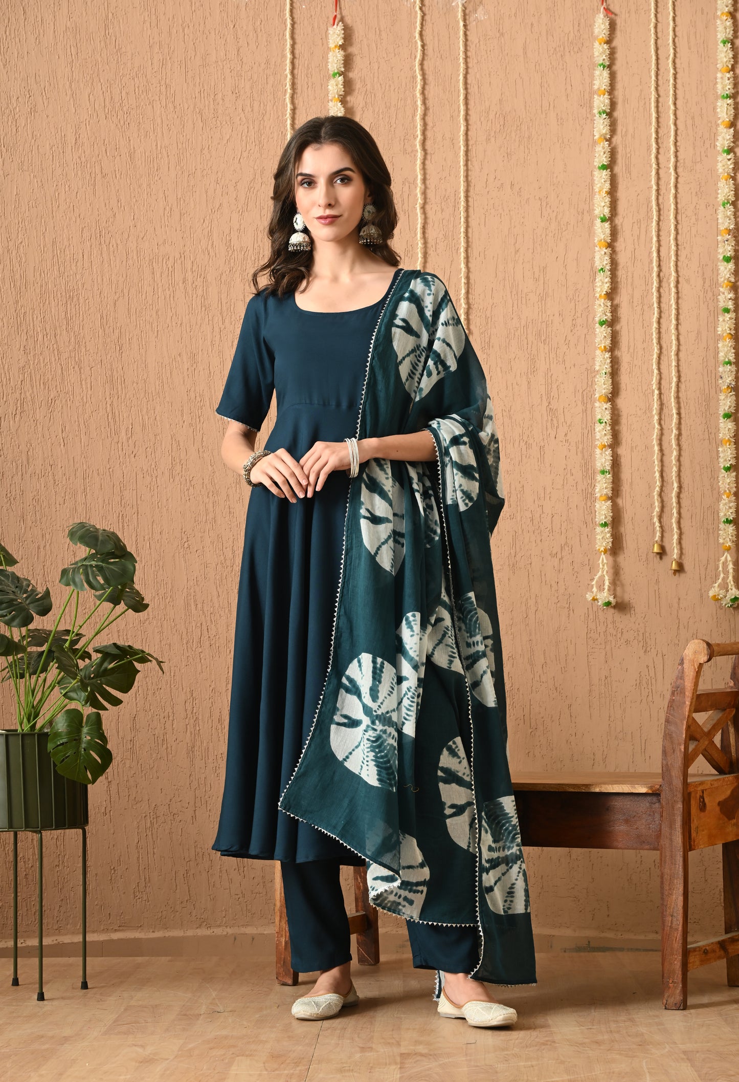 Avnika – Solid Teal Blue Anarkali Kurta Pant Set with Ombre Tie-Dye Dupatta & Lacework