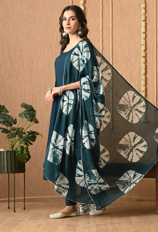 Avnika – Solid Teal Blue Anarkali Kurta Pant Set with Ombre Tie-Dye Dupatta & Lacework