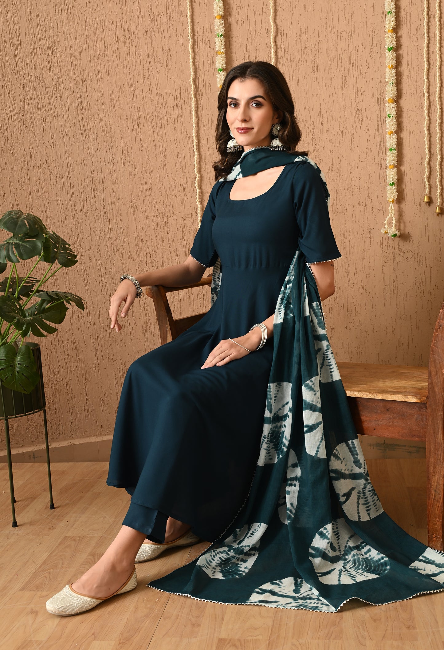 Avnika – Solid Teal Blue Anarkali Kurta Pant Set with Ombre Tie-Dye Dupatta & Lacework