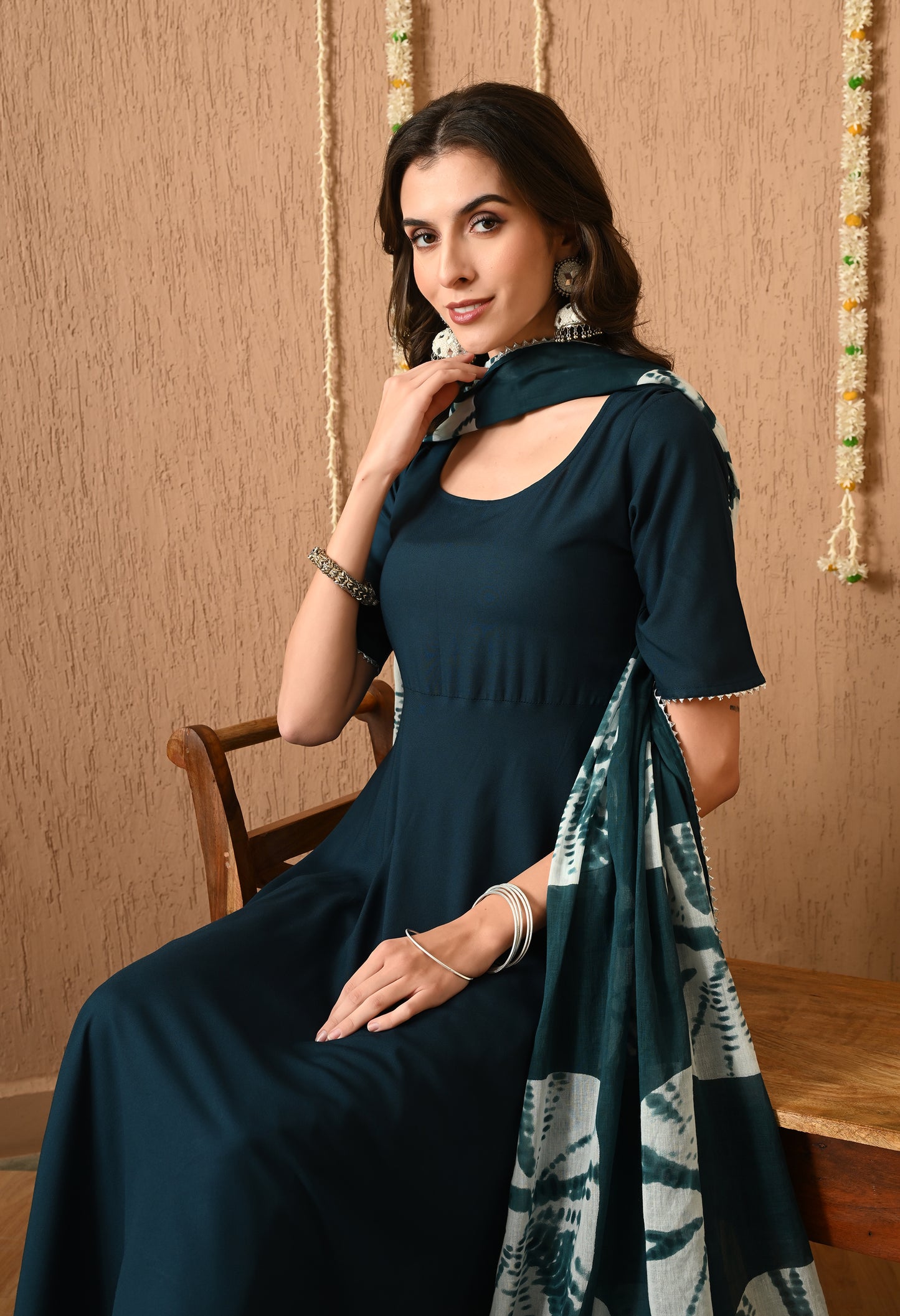 Avnika – Solid Teal Blue Anarkali Kurta Pant Set with Ombre Tie-Dye Dupatta & Lacework