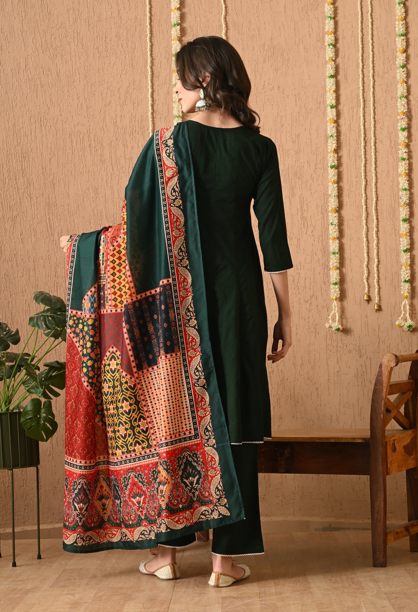 Vanalika - Bottle Green Floral Printed Anarkali Kurta Pant Set with Digital Print Dupatta