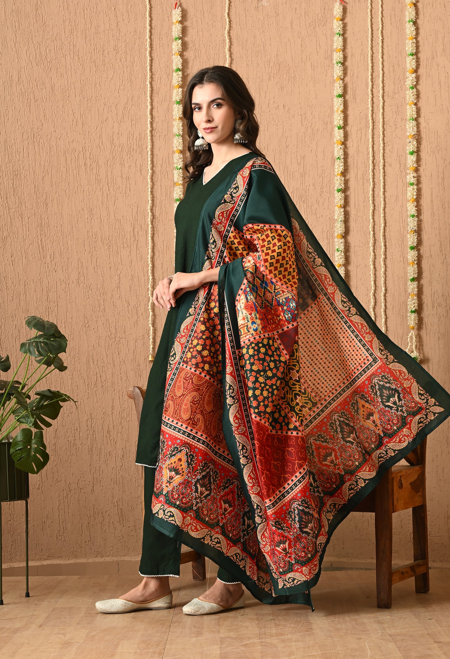 Vanalika - Bottle Green Floral Printed Anarkali Kurta Pant Set with Digital Print Dupatta