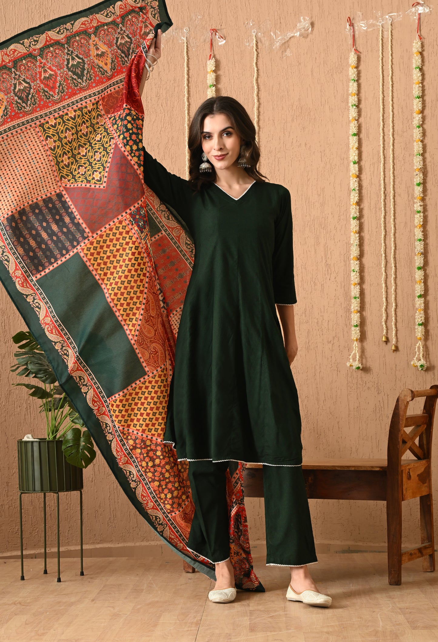Vanalika - Bottle Green Floral Printed Anarkali Kurta Pant Set with Digital Print Dupatta