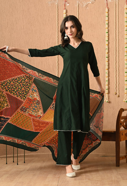 Vanalika - Bottle Green Floral Printed Anarkali Kurta Pant Set with Digital Print Dupatta