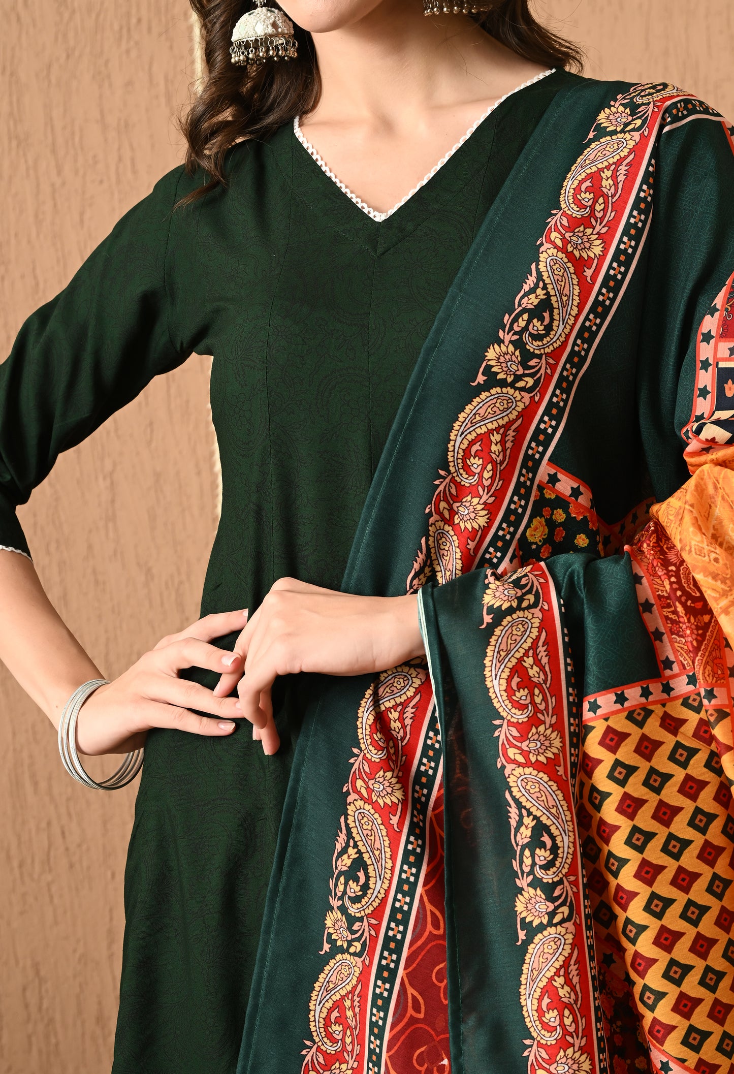 Vanalika - Bottle Green Floral Printed Anarkali Kurta Pant Set with Digital Print Dupatta