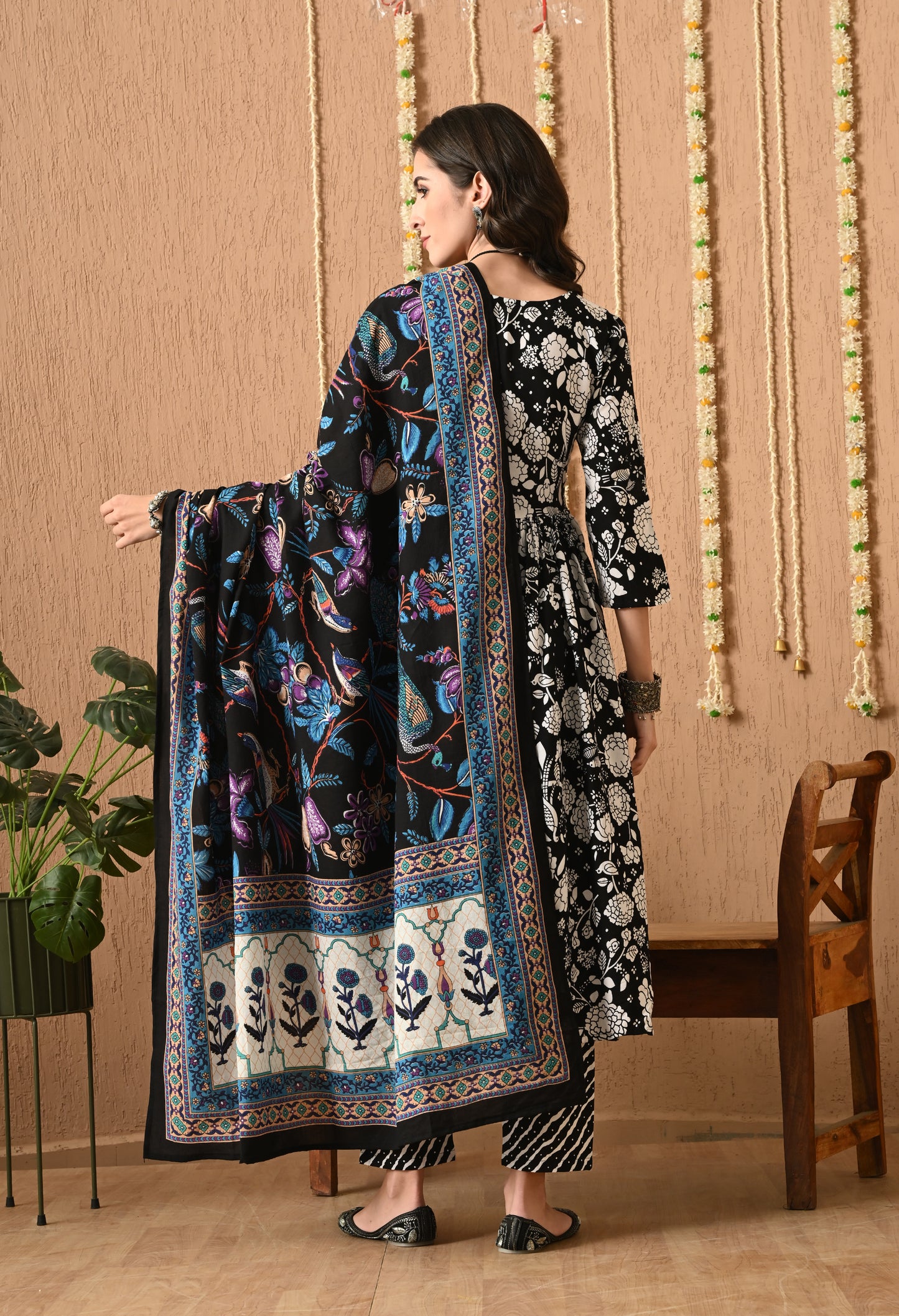 Nooraya - Black & White Kurta Pant Set with Digital Print Dupatta