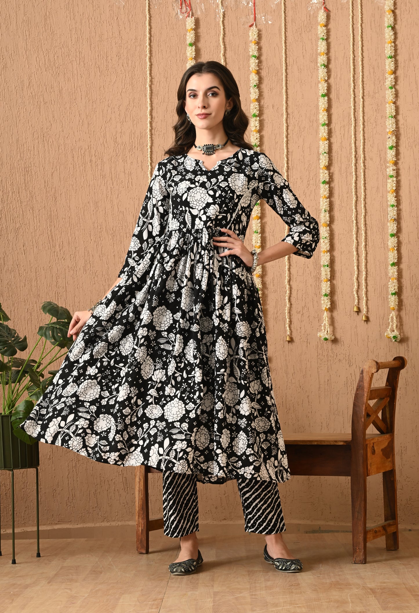 Nooraya - Black & White Kurta Pant Set with Digital Print Dupatta