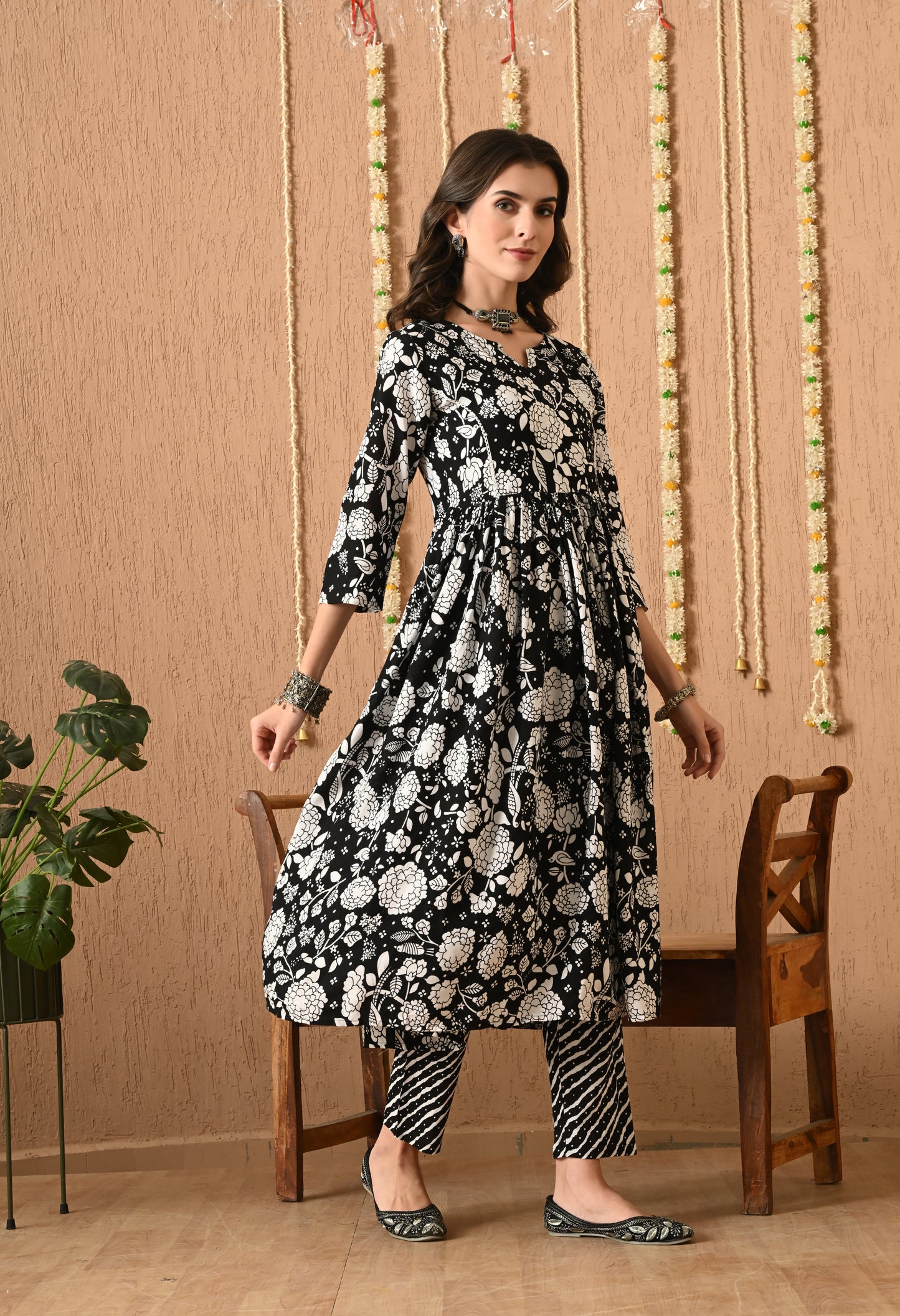 Nooraya - Black & White Kurta Pant Set with Digital Print Dupatta