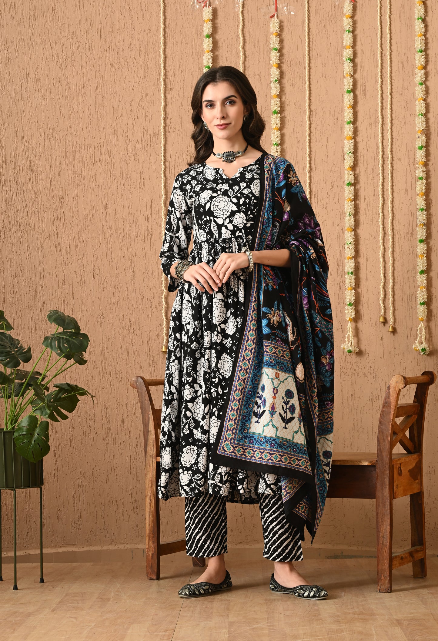 Nooraya - Black & White Kurta Pant Set with Digital Print Dupatta