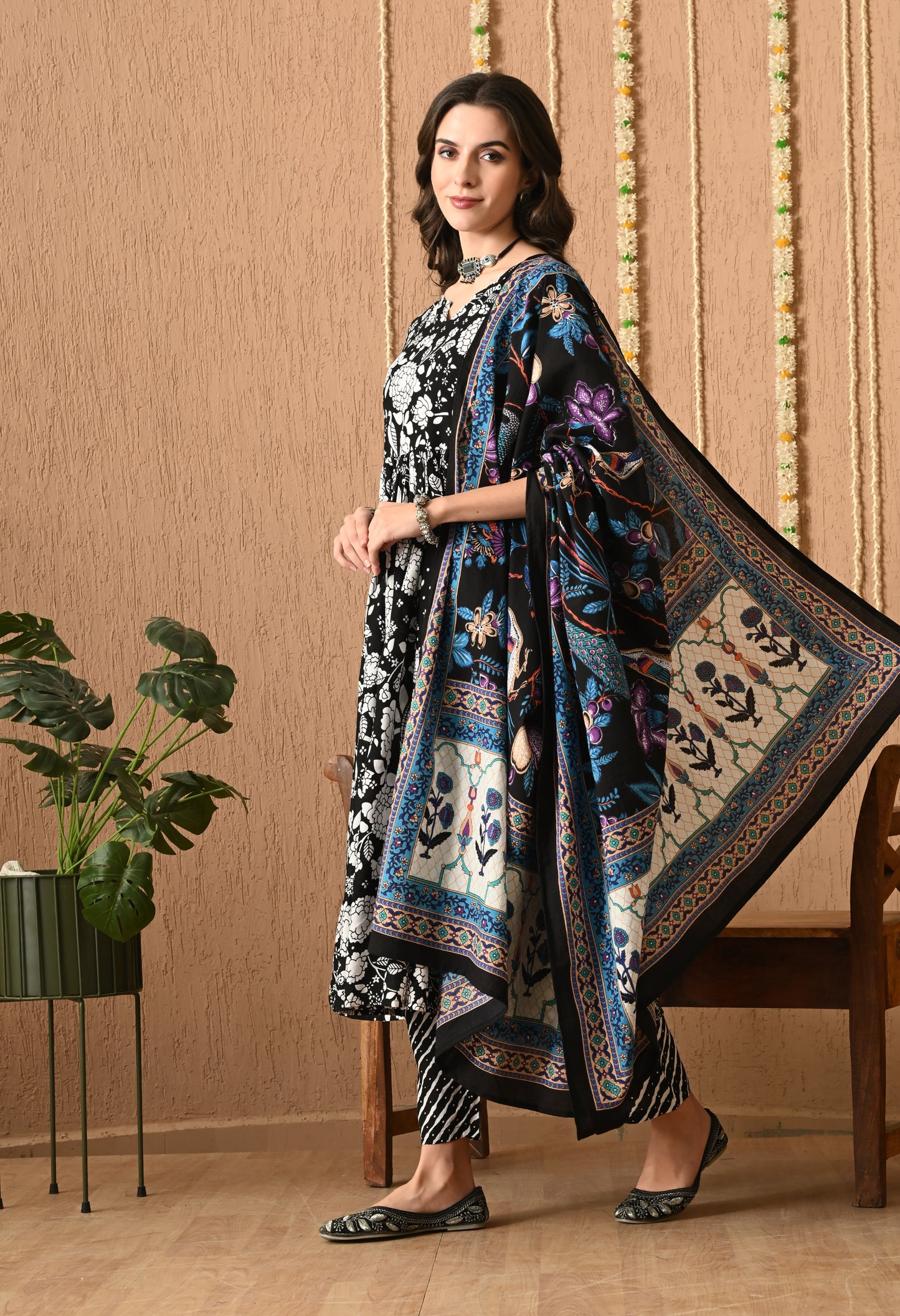 Nooraya - Black & White Kurta Pant Set with Digital Print Dupatta