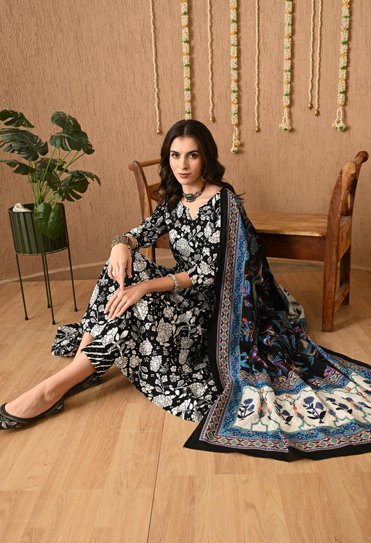 Nooraya - Black & White Kurta Pant Set with Digital Print Dupatta