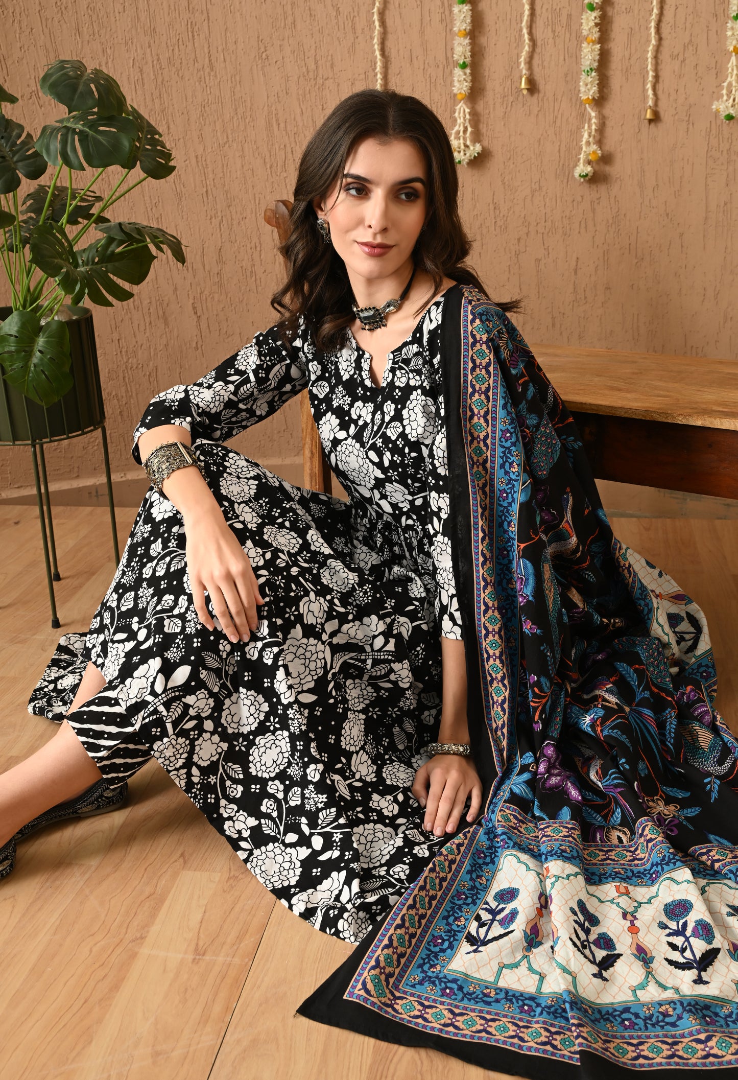 Nooraya - Black & White Kurta Pant Set with Digital Print Dupatta