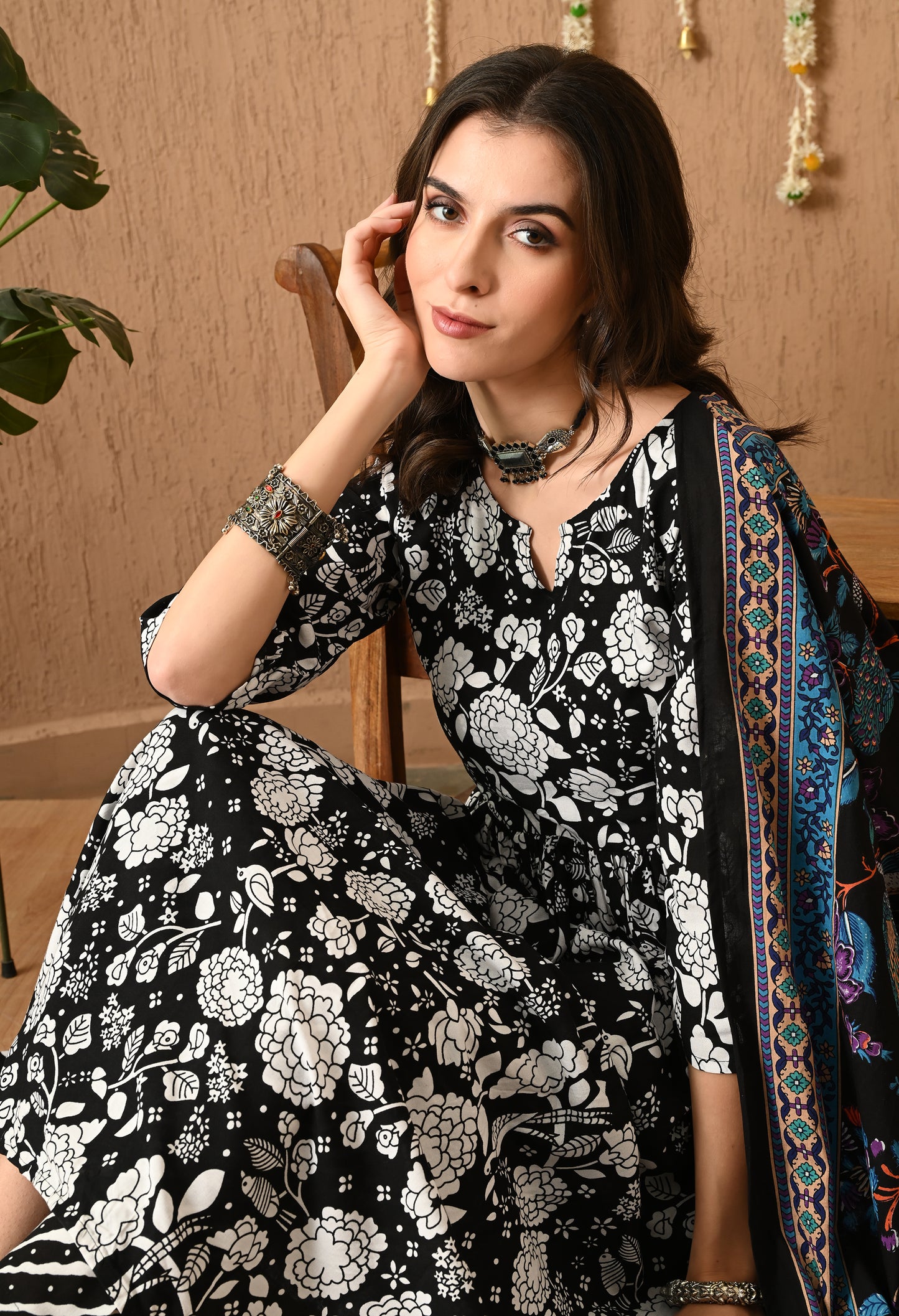 Nooraya - Black & White Kurta Pant Set with Digital Print Dupatta