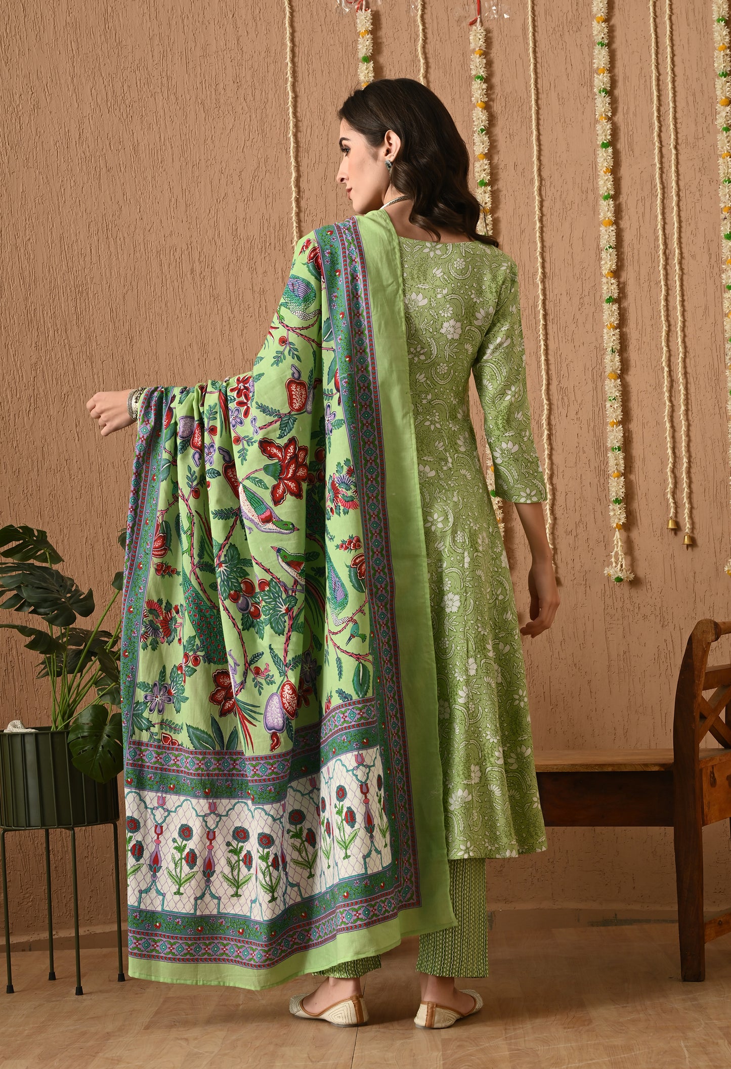 Varnika - Mehndi Green Floral Printed Anarkali Kurta Pant Set with Digital Print Dupatta