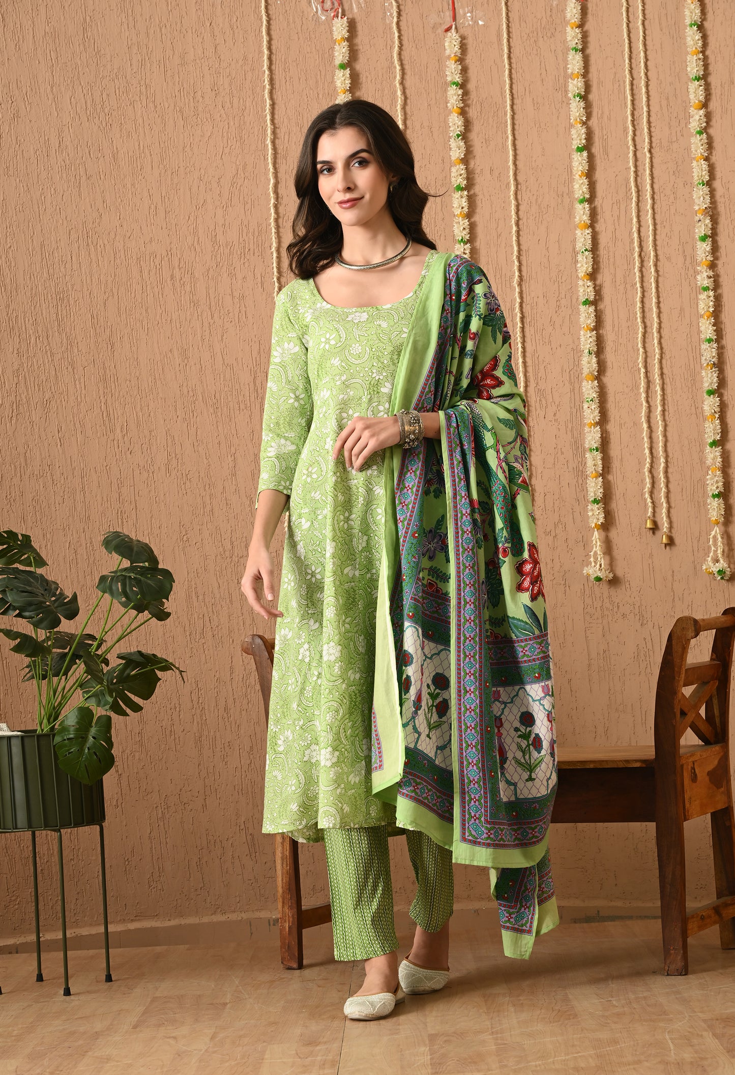 Varnika - Mehndi Green Floral Printed Anarkali Kurta Pant Set with Digital Print Dupatta