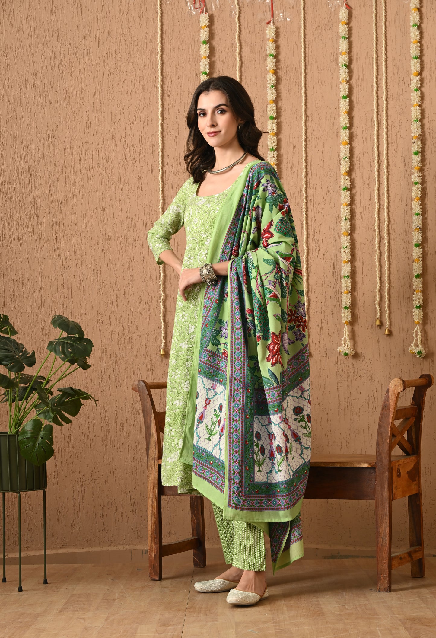 Varnika - Mehndi Green Floral Printed Anarkali Kurta Pant Set with Digital Print Dupatta