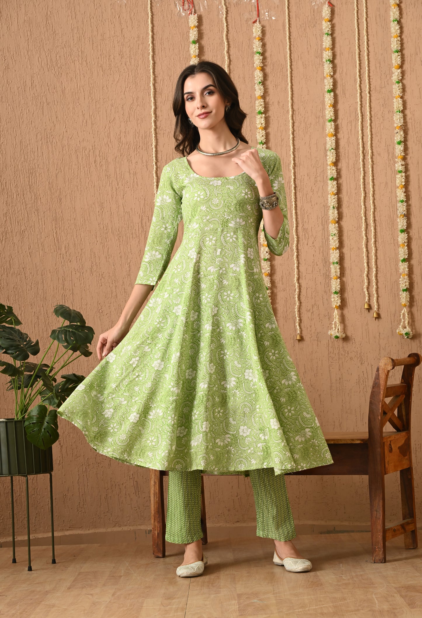 Varnika - Mehndi Green Floral Printed Anarkali Kurta Pant Set with Digital Print Dupatta