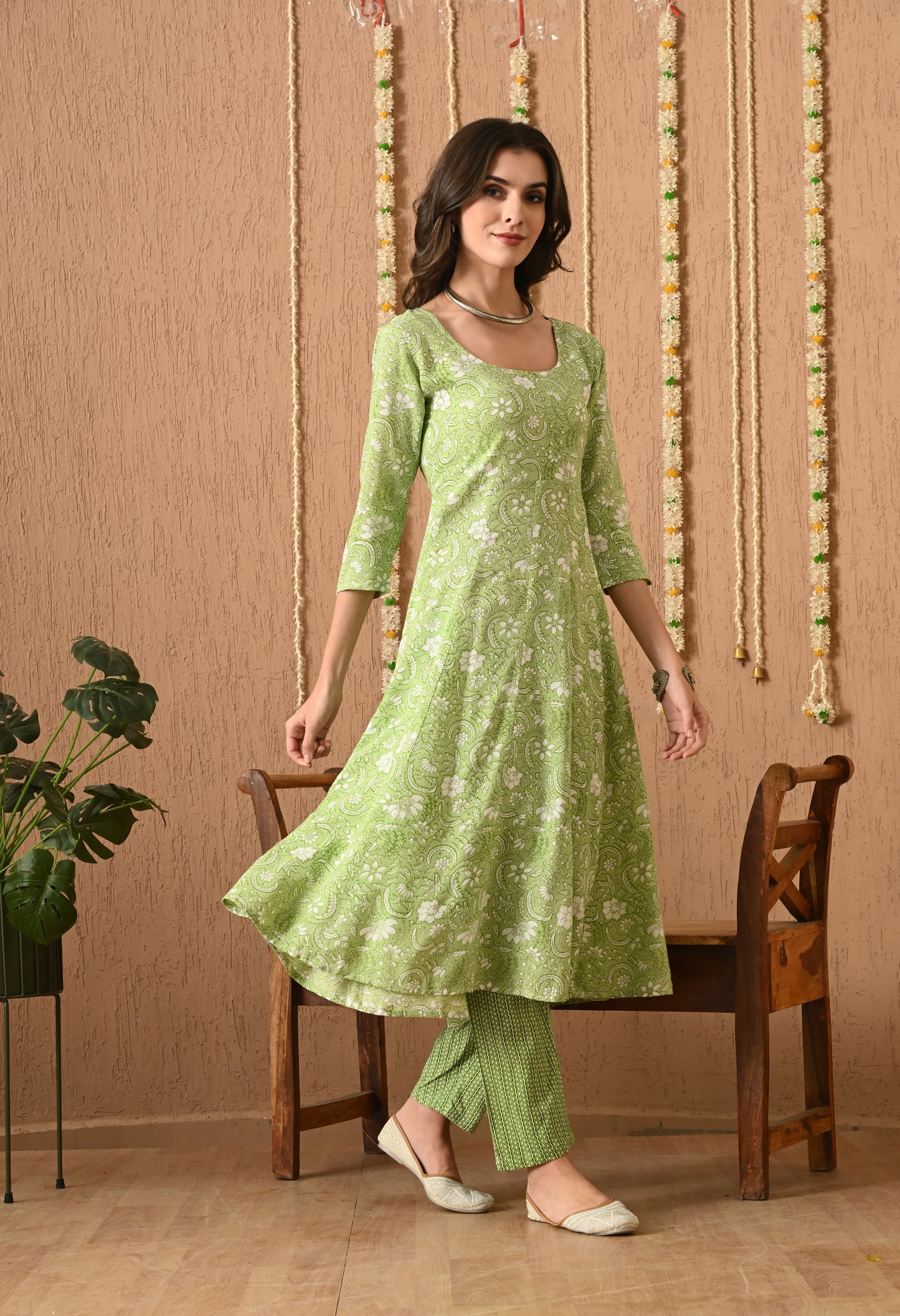 Varnika - Mehndi Green Floral Printed Anarkali Kurta Pant Set with Digital Print Dupatta