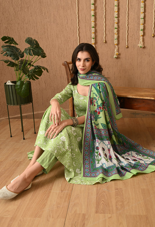 Varnika - Mehndi Green Floral Printed Anarkali Kurta Pant Set with Digital Print Dupatta