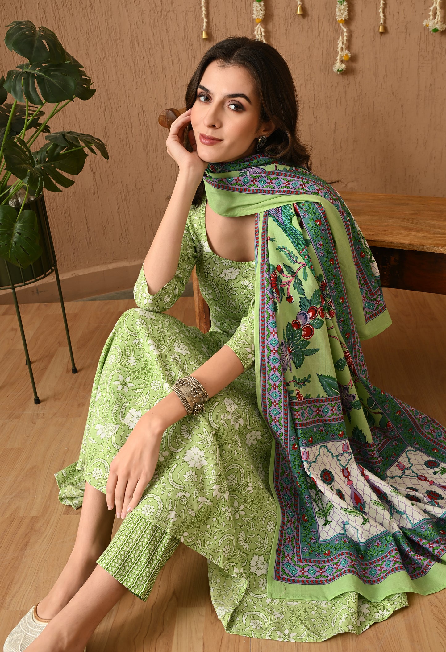 Varnika - Mehndi Green Floral Printed Anarkali Kurta Pant Set with Digital Print Dupatta