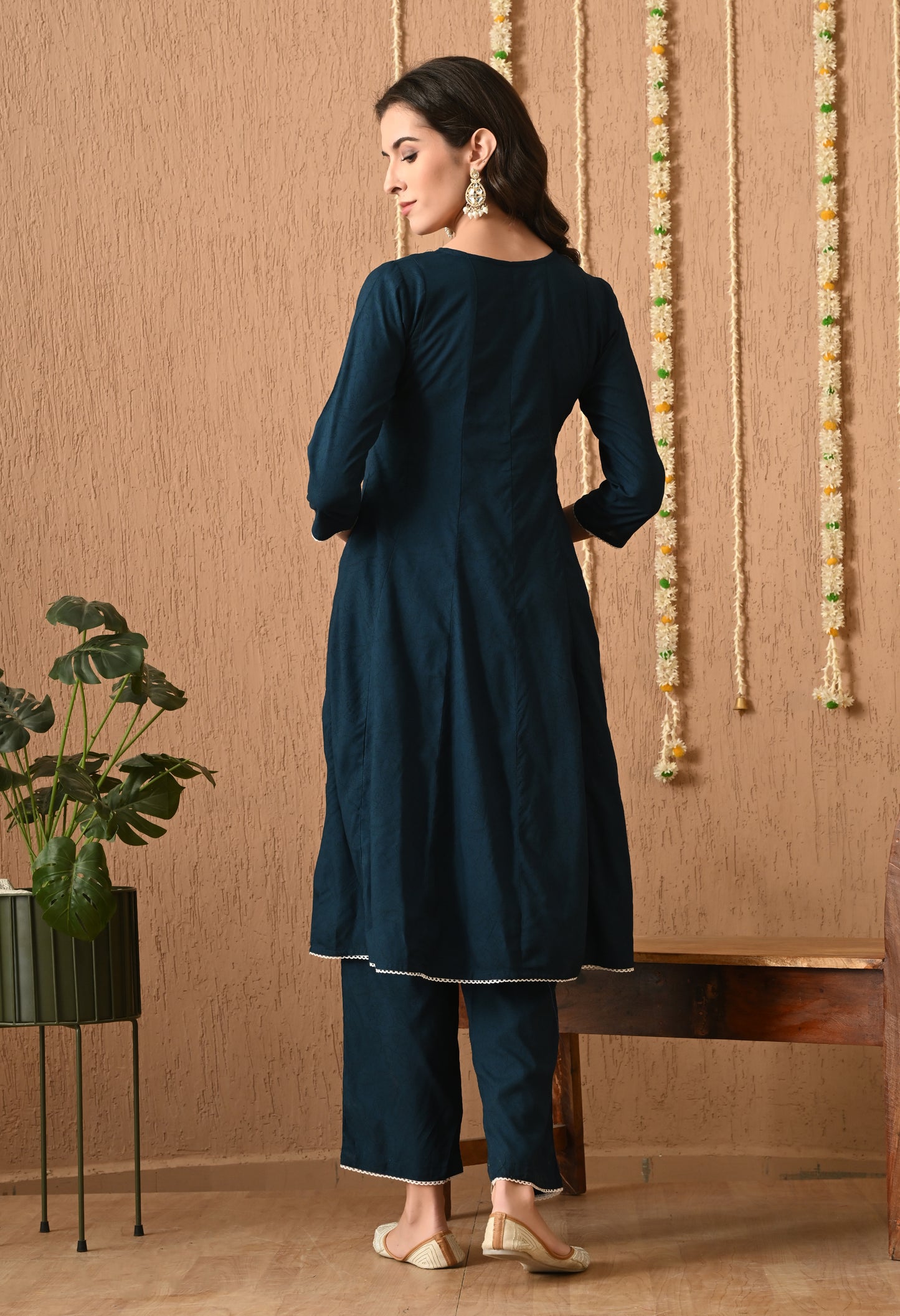 Neervasini – Teal Blue Floral Kali Kurta Pant Set