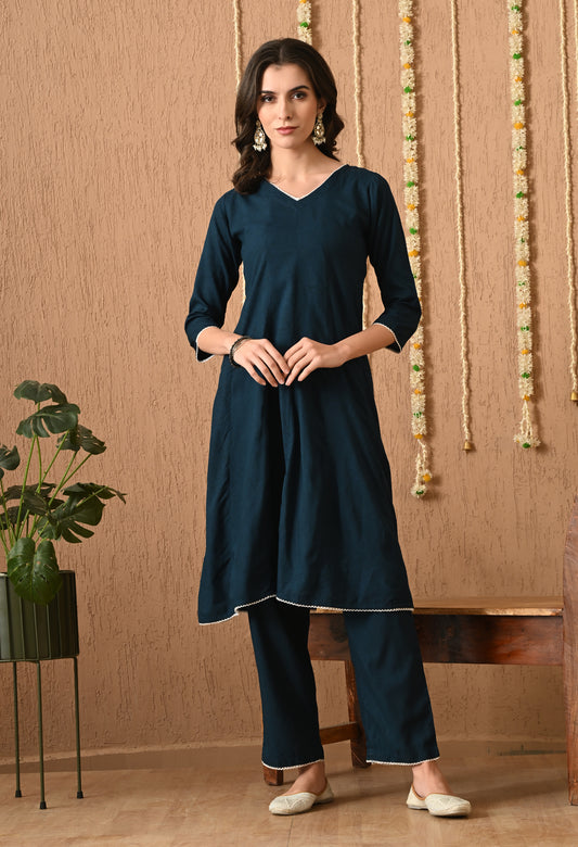 Neervasini – Teal Blue Floral Kali Kurta Pant Set