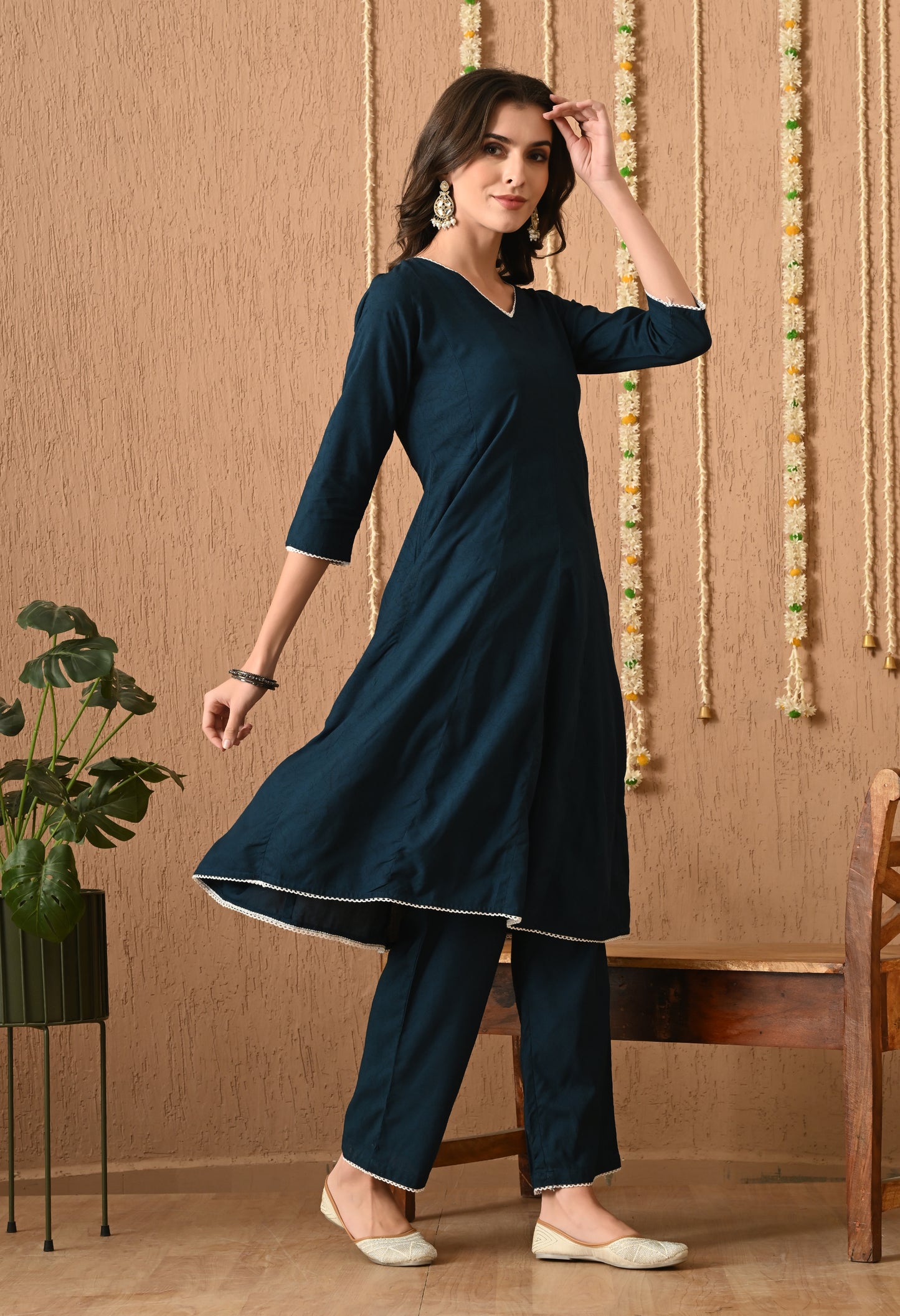 Neervasini – Teal Blue Floral Kali Kurta Pant Set