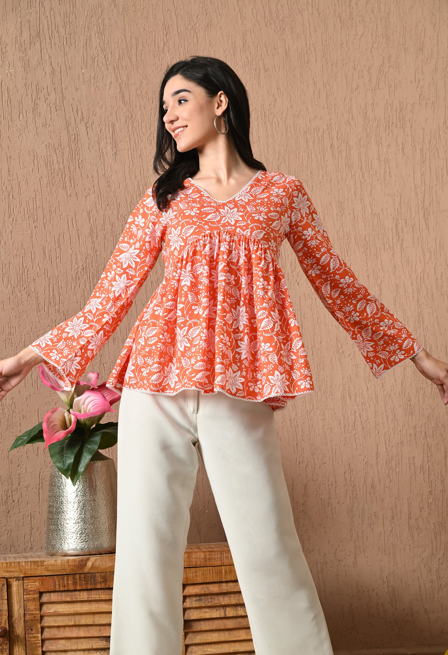 Solara – Tangerine Glow Cotton Peplum Top