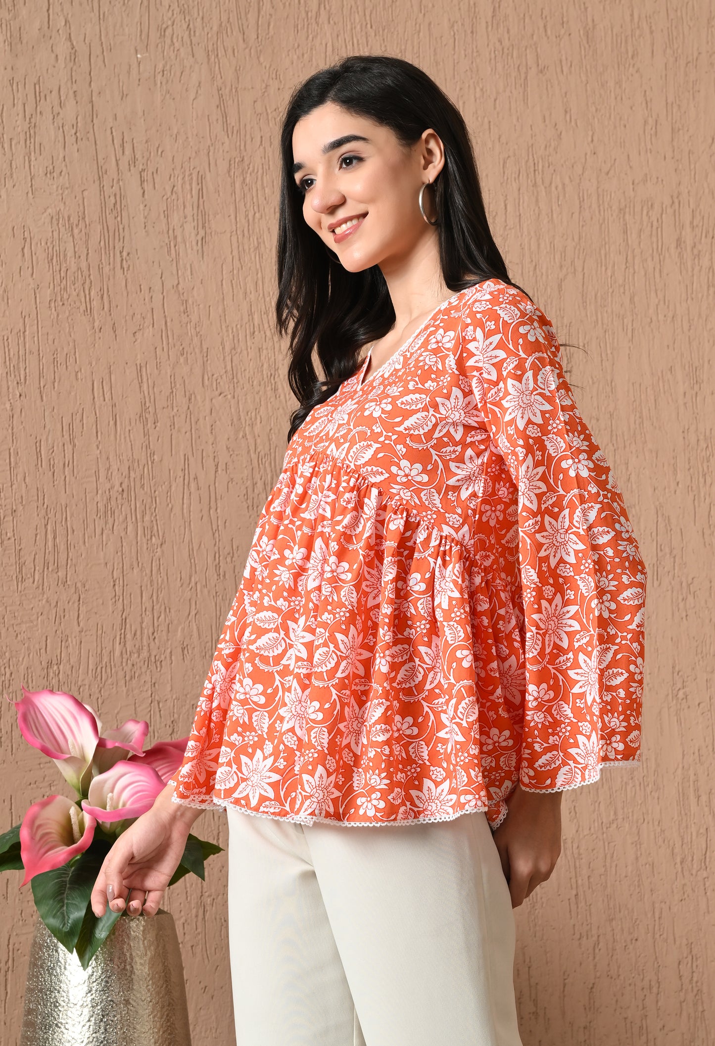 Solara – Tangerine Glow Cotton Peplum Top