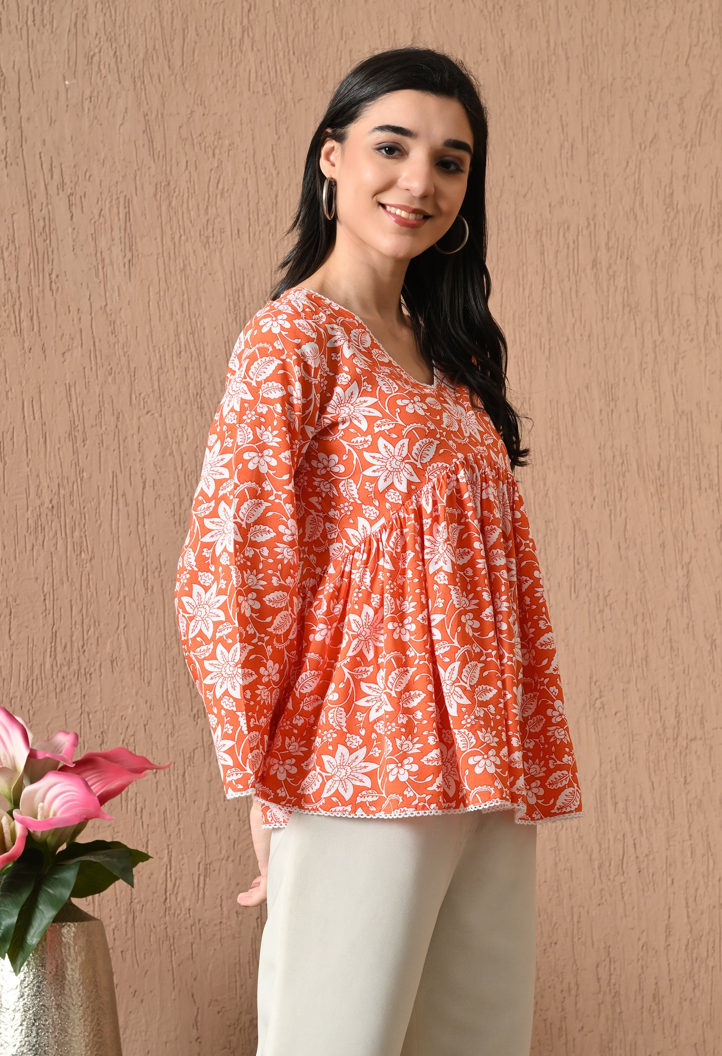 Solara – Tangerine Glow Cotton Peplum Top