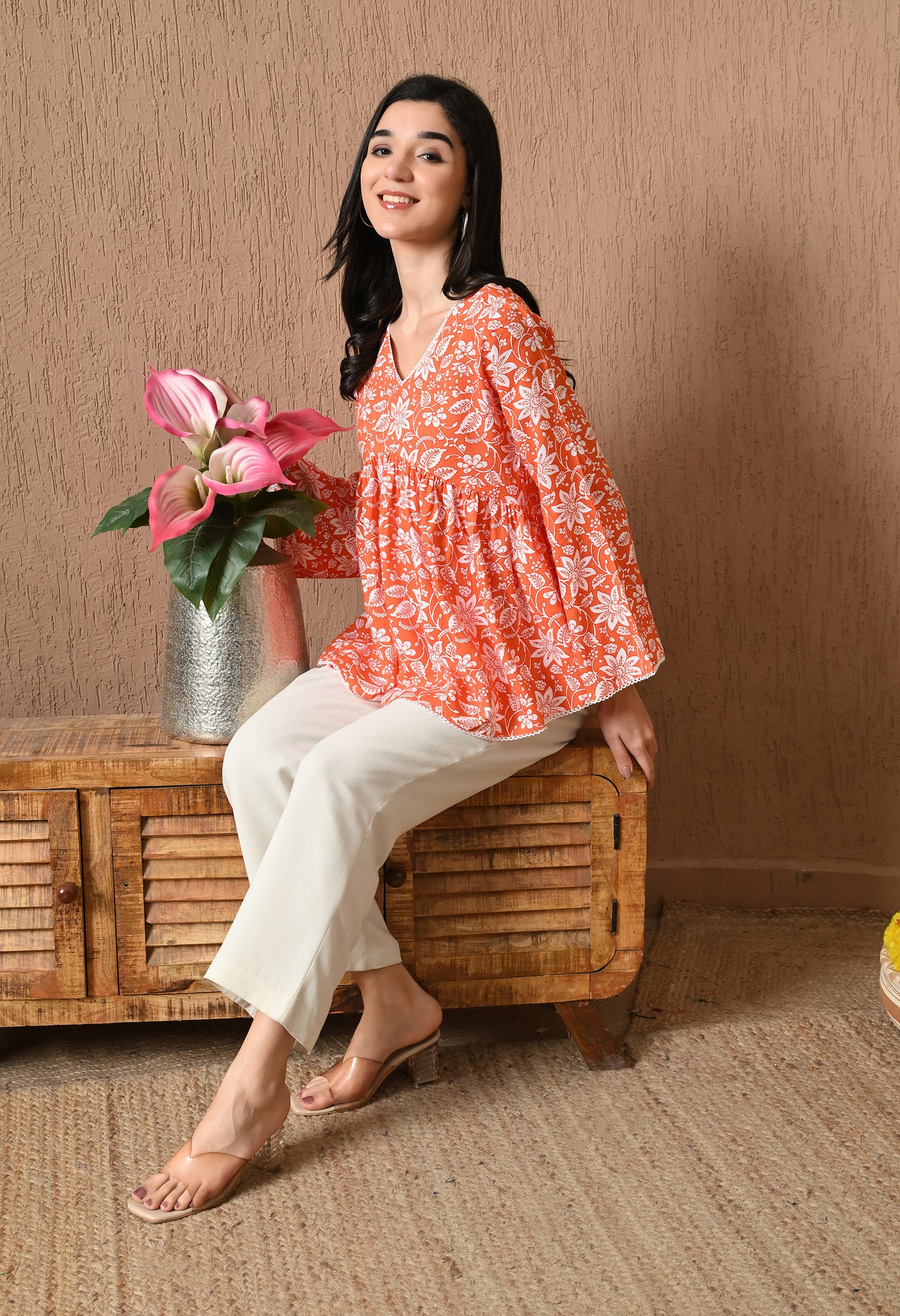 Solara – Tangerine Glow Cotton Peplum Top