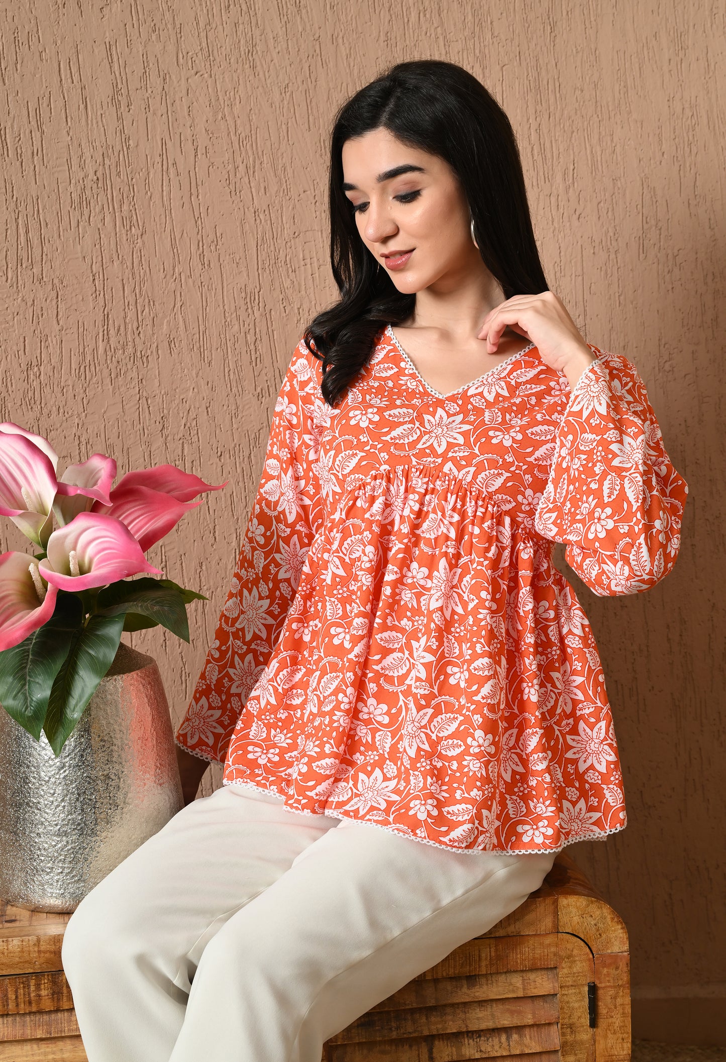 Solara – Tangerine Glow Cotton Peplum Top