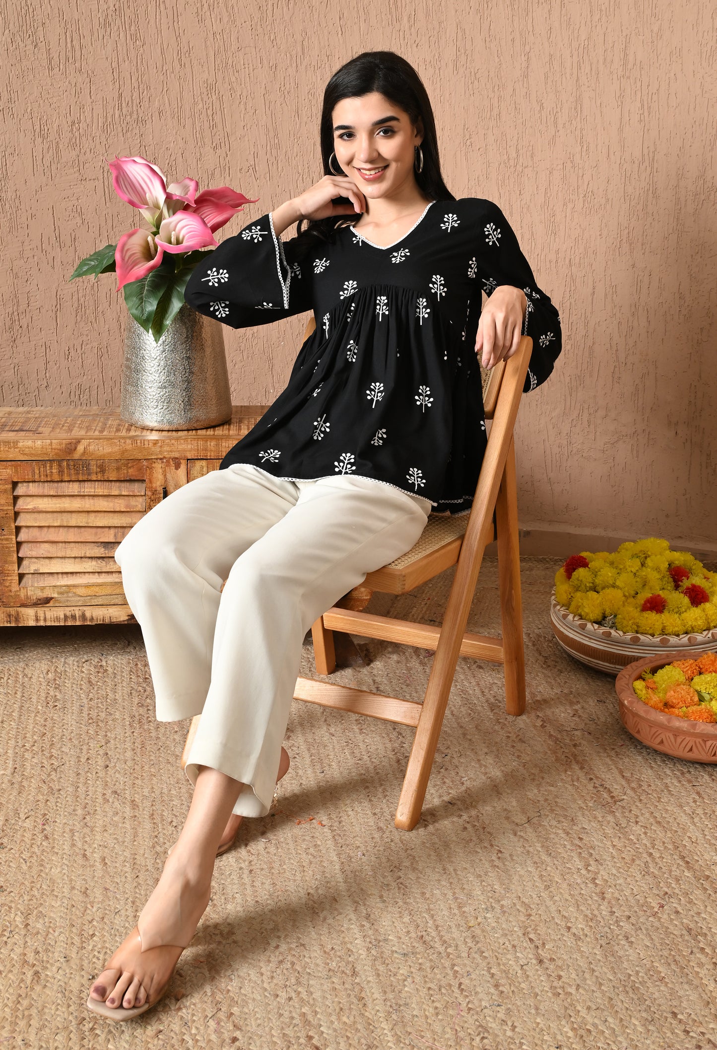 Inklyn – Inky Black Cotton Peplum Top