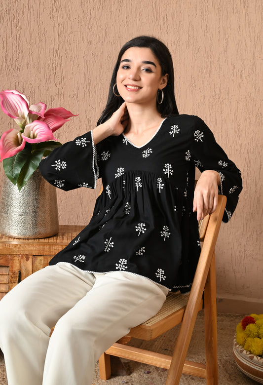 Inklyn – Inky Black Cotton Peplum Top