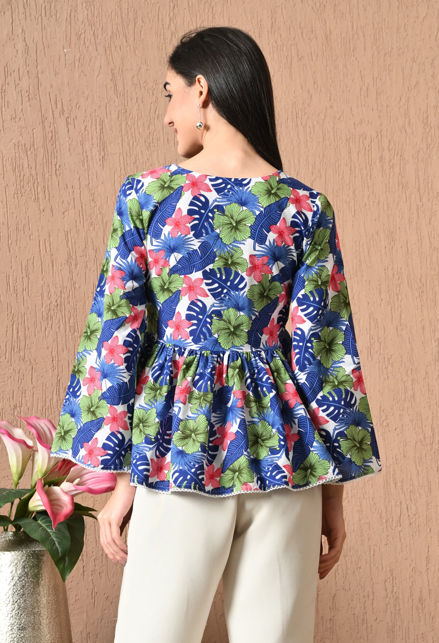 Lunévia – Multicolor Garden Cotton Peplum Top