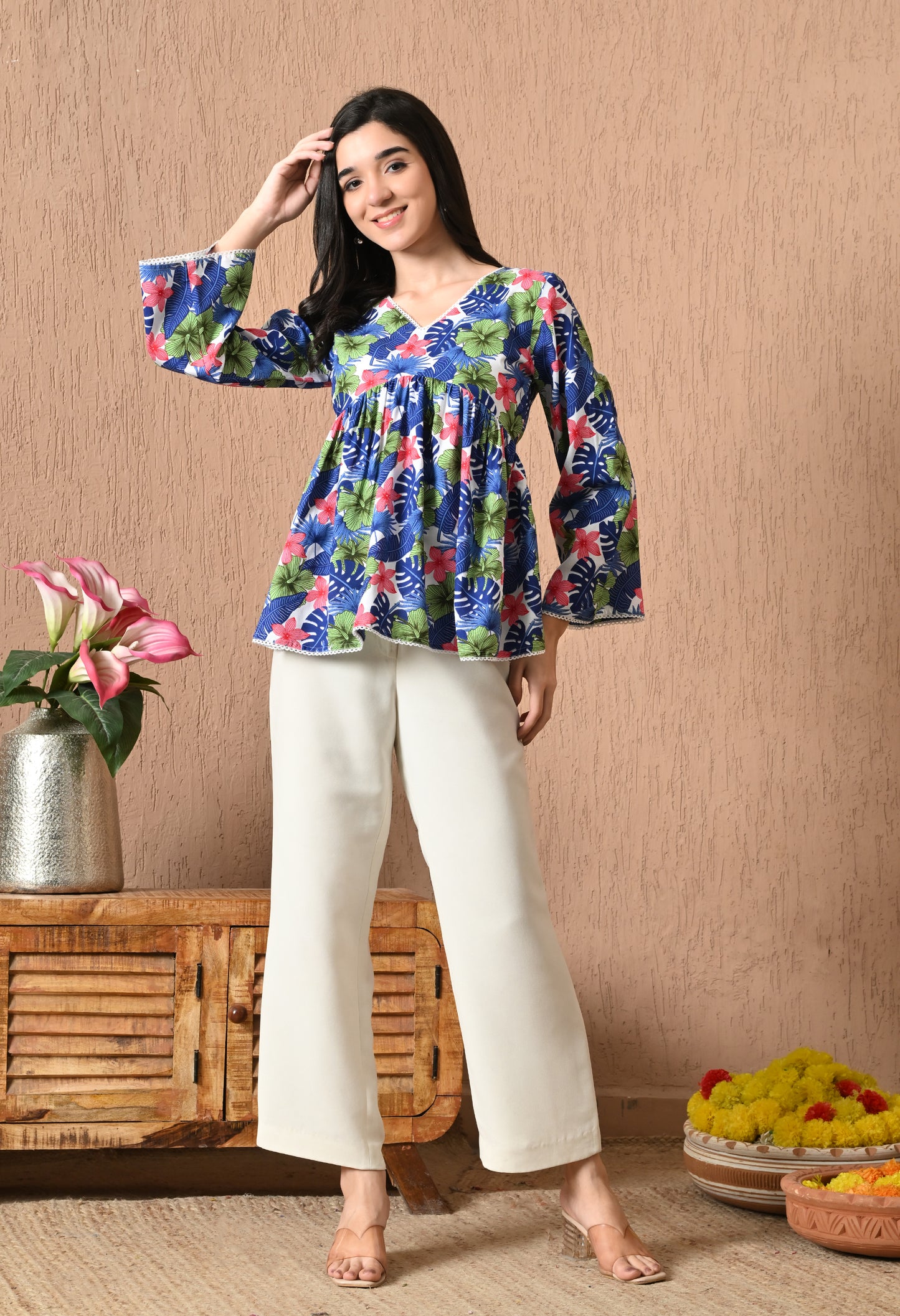 Lunévia – Multicolor Garden Cotton Peplum Top