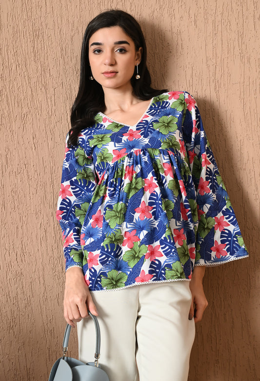 Lunévia – Multicolor Garden Cotton Peplum Top