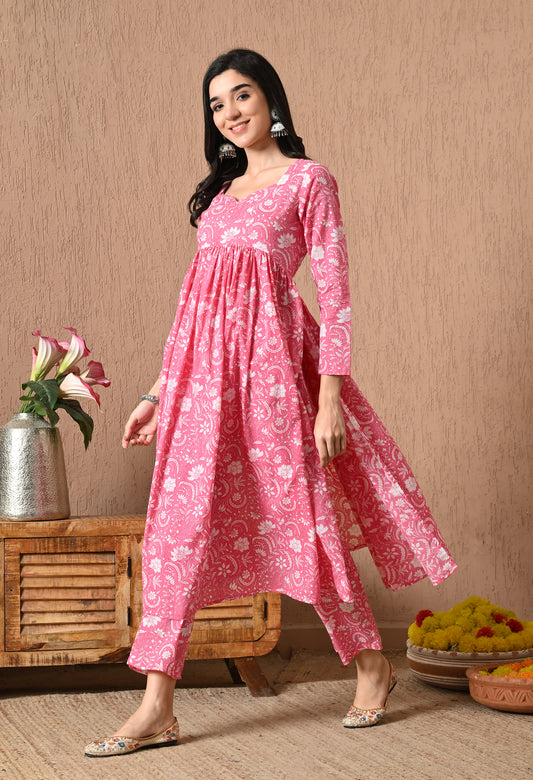 Phulvika – Pink Floral Gathered Kurta Pant Set