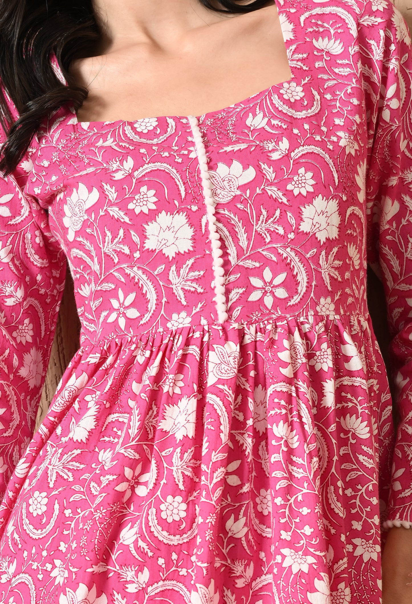 Gulbahaar – Pink Floral Gathered Kurta Pant Set with Lace Detailing