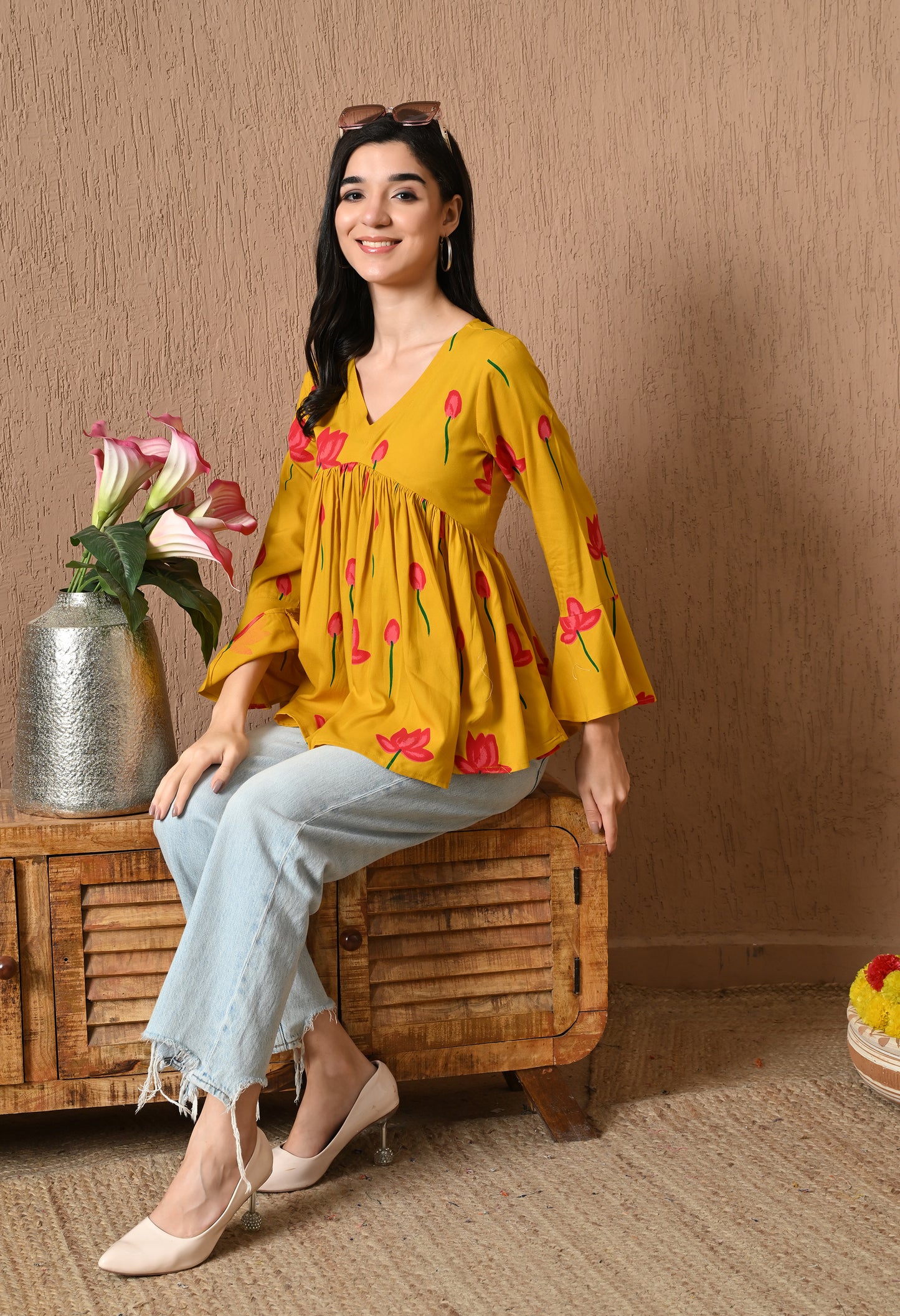 Orielle – Mustard Yellow Cotton Peplum Top