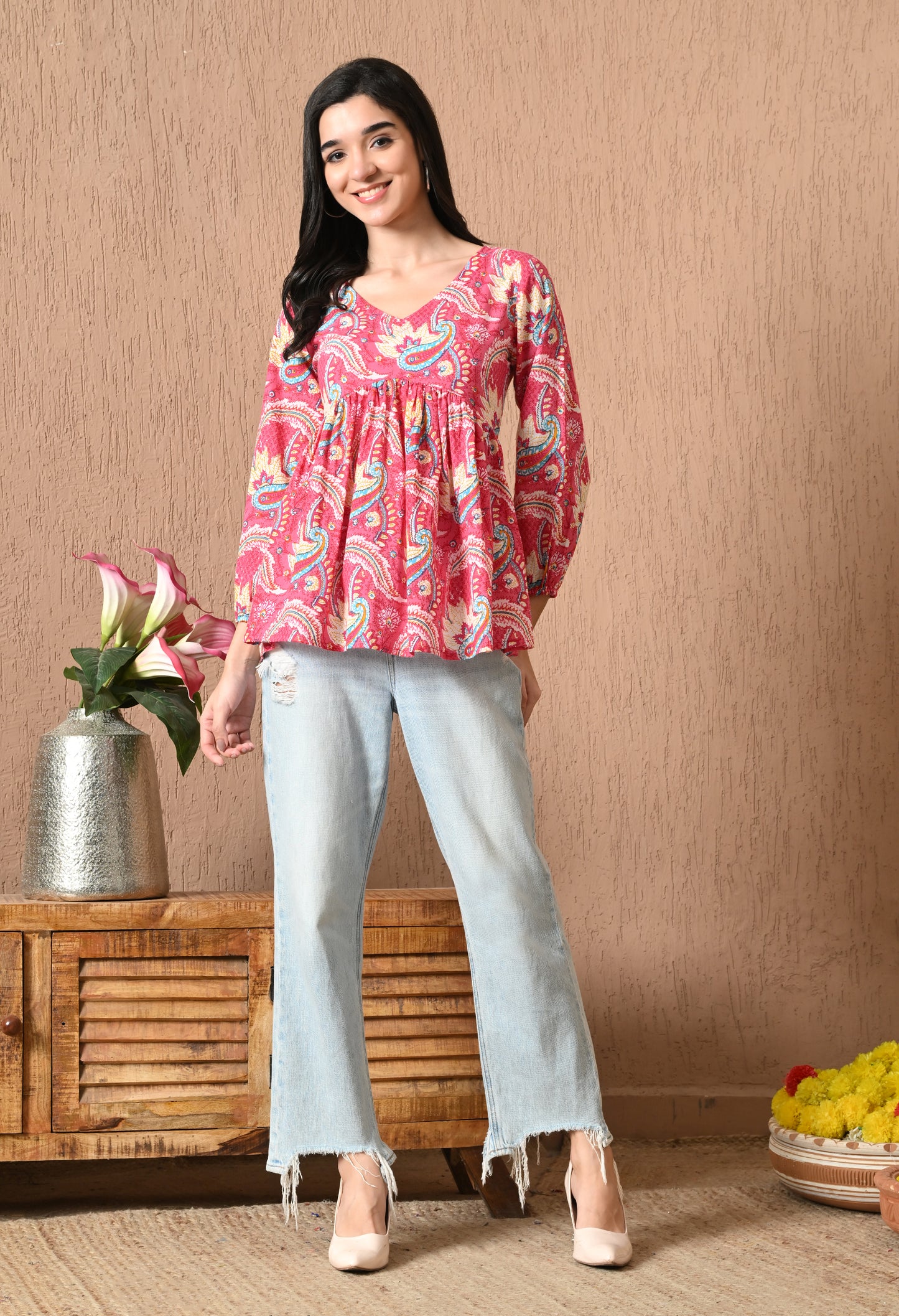 Rosavelle – Multicolor Bloom Cotton Peplum Top