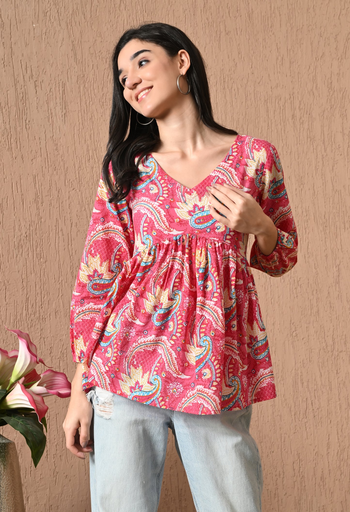 Rosavelle – Multicolor Bloom Cotton Peplum Top