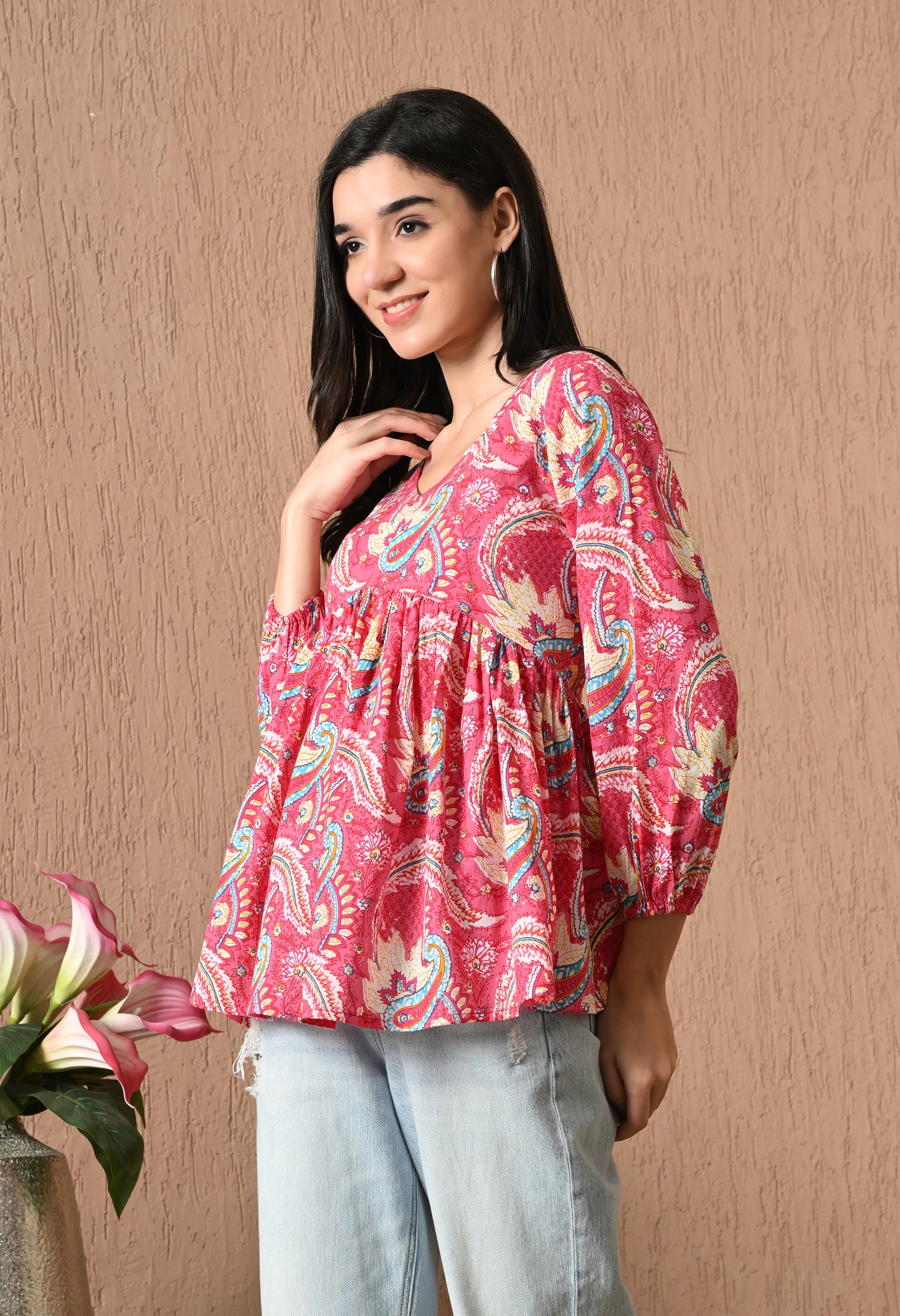 Rosavelle – Multicolor Bloom Cotton Peplum Top